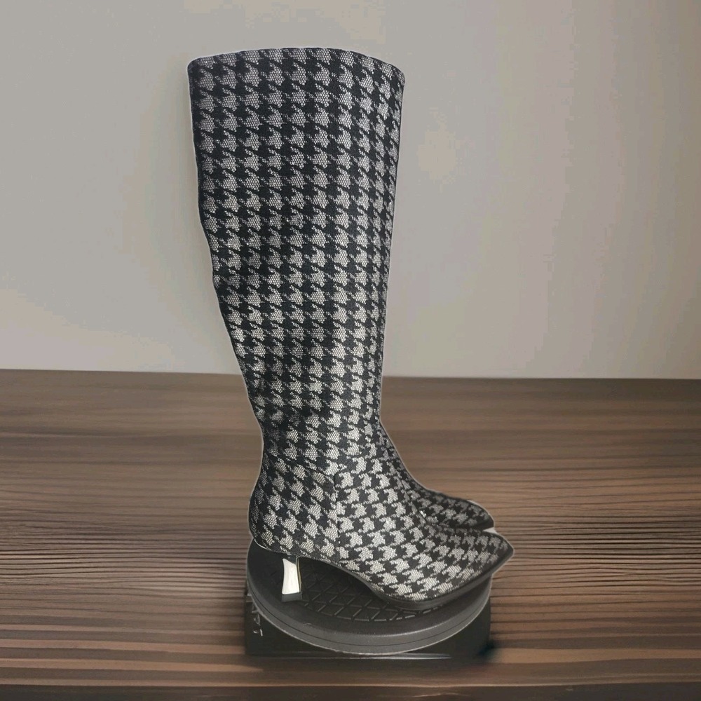 Betsey Johnson Womens 6 Pamella Boots Knee High Heel Black Silver Houndstooth - Picture 1 of 11